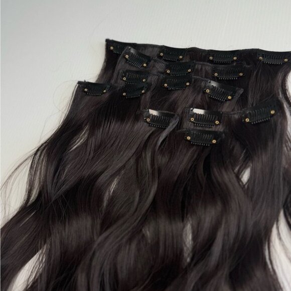 Dark Brown Wavy  Clip in Hair Extensions - Human hair Blend - Picture 9 of 13